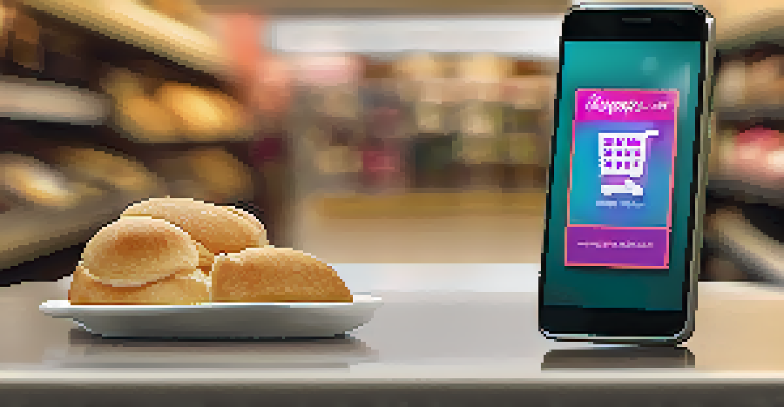 A smartphone showing a colorful shopping app, with a blurred café background, highlighting the modern shopping experience.