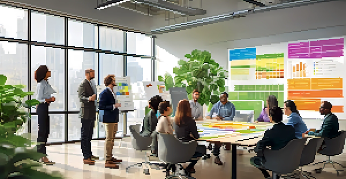 A diverse team of employees collaborating on sustainability ideas in a bright, plant-filled conference room.