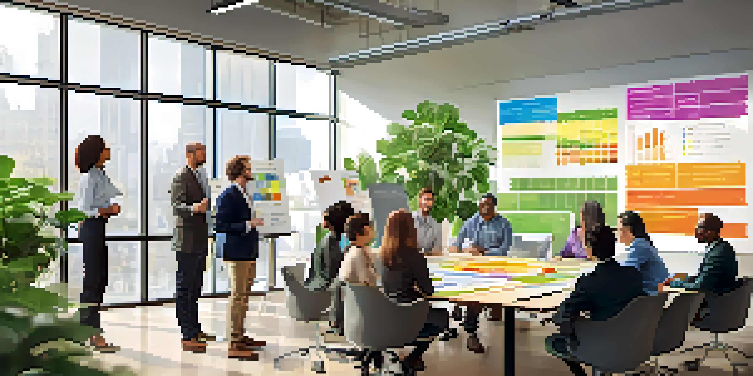 A diverse team of employees collaborating on sustainability ideas in a bright, plant-filled conference room.