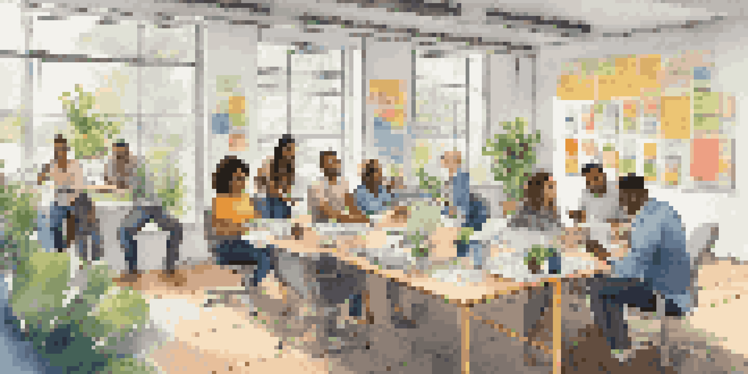 A bright and lively office environment where diverse employees are participating in a collaborative team-building activity, with a round table filled with post-it notes and laptops.