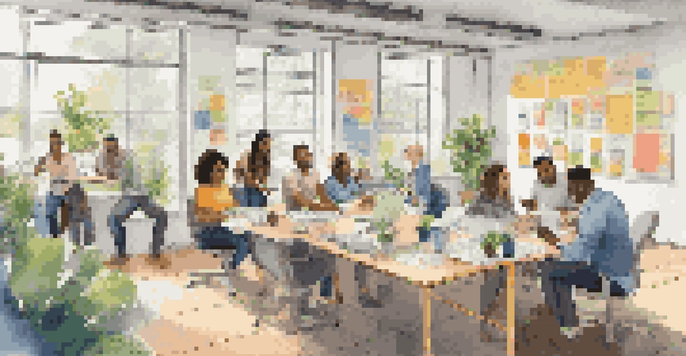 A bright and lively office environment where diverse employees are participating in a collaborative team-building activity, with a round table filled with post-it notes and laptops.