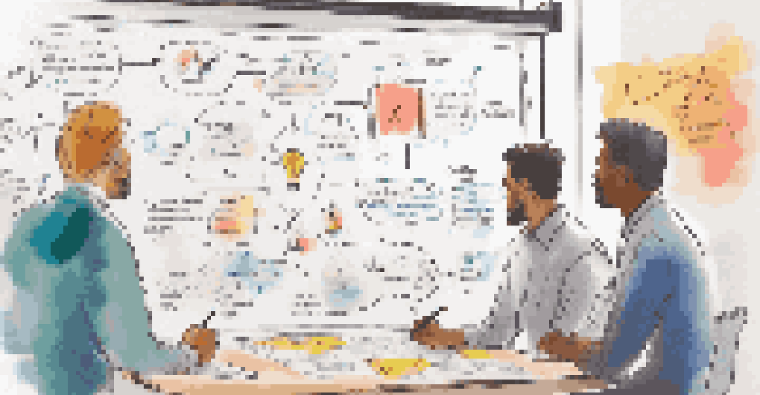 A close-up of a hand writing ideas on a whiteboard, with a collaborative team visible in the background.