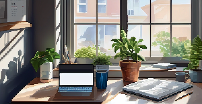 A modern workspace with a laptop, notepad, and coffee cup, illuminated by natural light from a large window, featuring a potted plant and inspirational quotes on the walls.