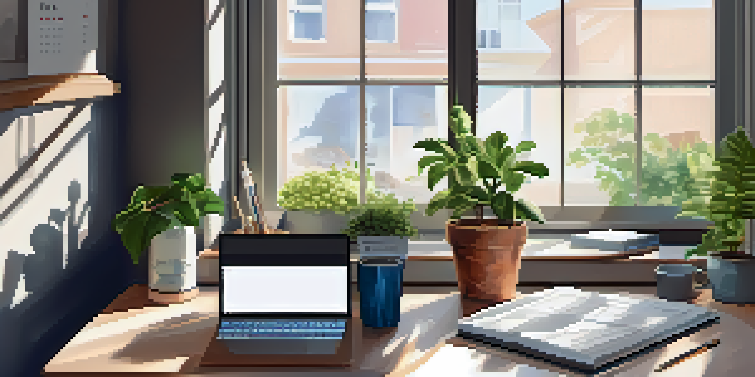 A modern workspace with a laptop, notepad, and coffee cup, illuminated by natural light from a large window, featuring a potted plant and inspirational quotes on the walls.