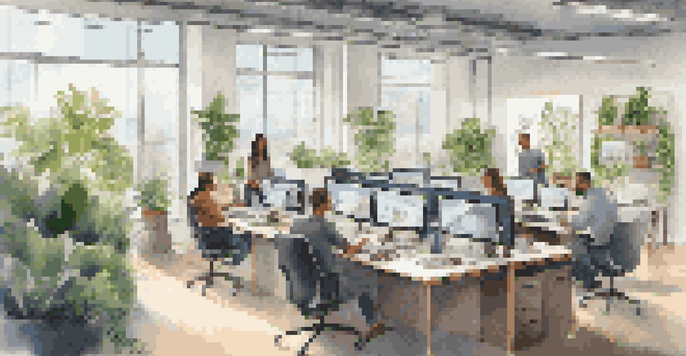 A bright and airy modern office with employees working remotely, some on laptops and others collaborating on a digital whiteboard, surrounded by greenery.