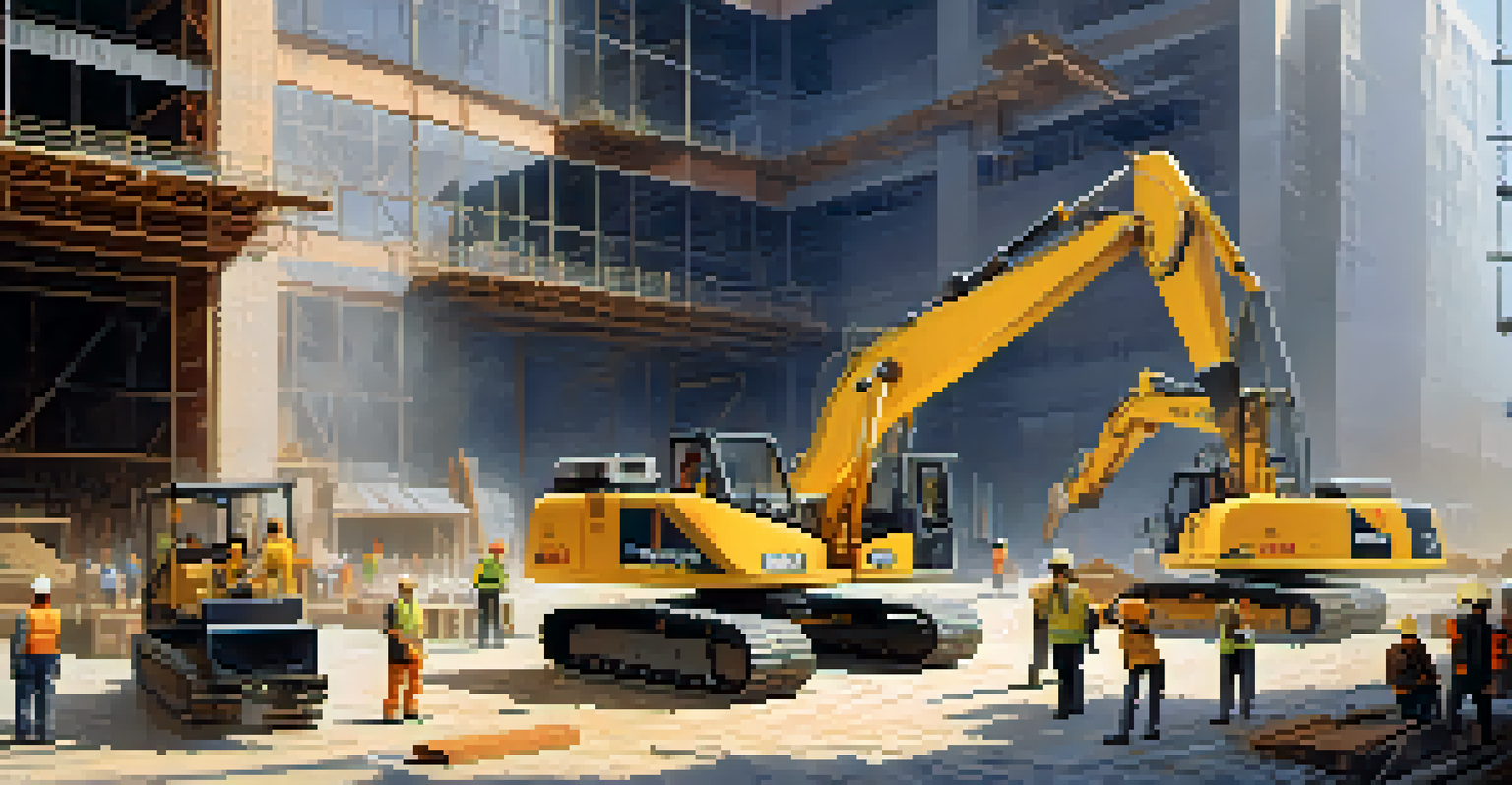 A bustling construction site with workers, cranes, and building materials, showcasing a vibrant and industrious environment.