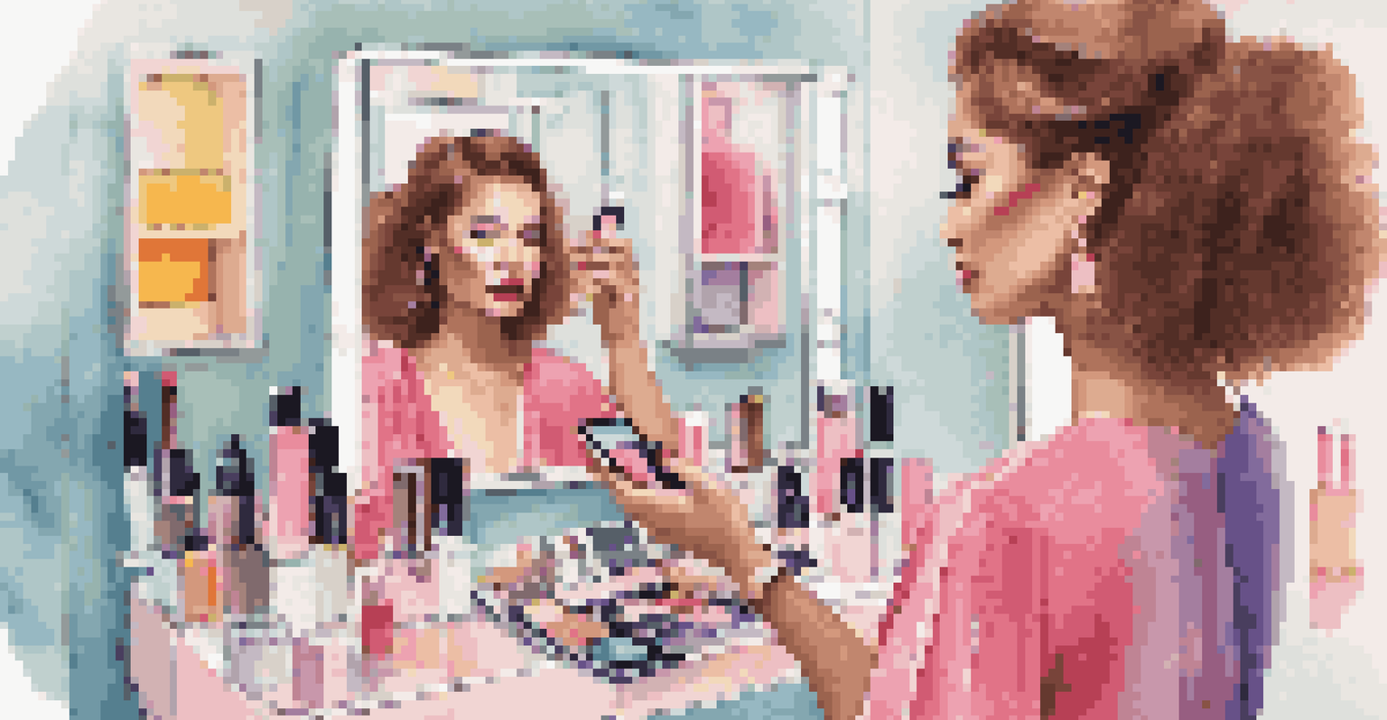 A woman trying on virtual makeup using a smartphone app in front of a mirror, with colorful makeup products on her vanity.
