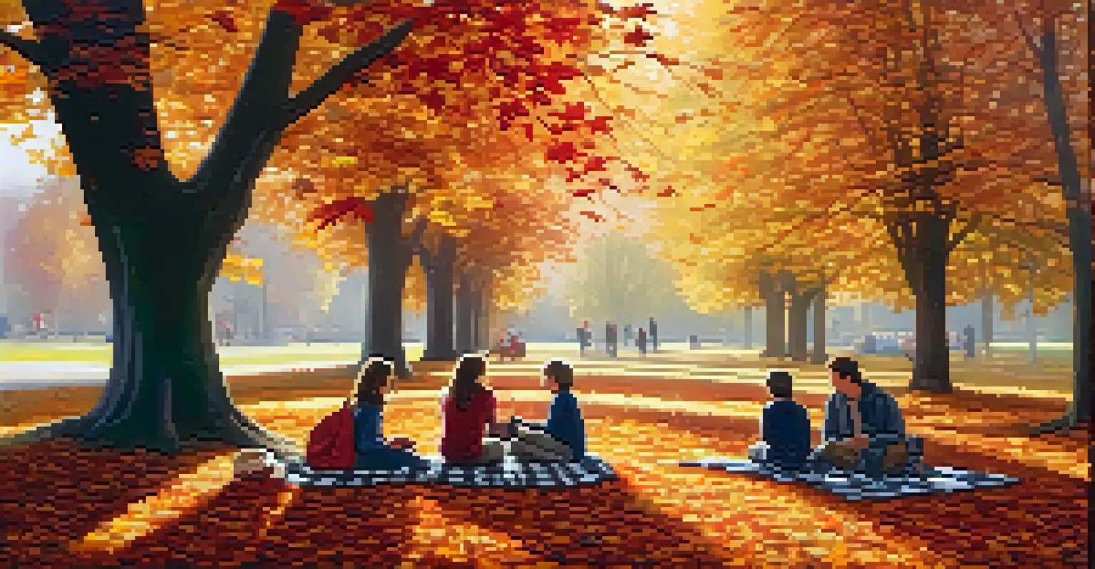 An autumn park scene with a family having a picnic on a blanket, surrounded by colorful falling leaves and sunlight filtering through trees.