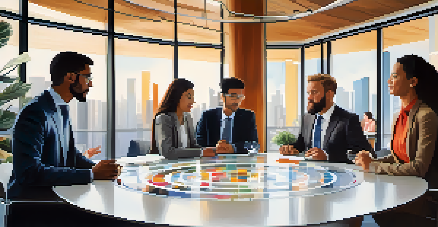 A diverse group of individuals engaging in a round table discussion in a modern conference room, surrounded by digital screens showing graphs.