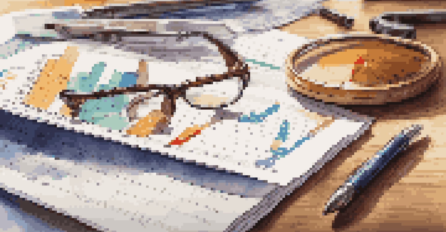 A close-up of a financial report with graphs and charts, alongside glasses and a calculator on a wooden desk.