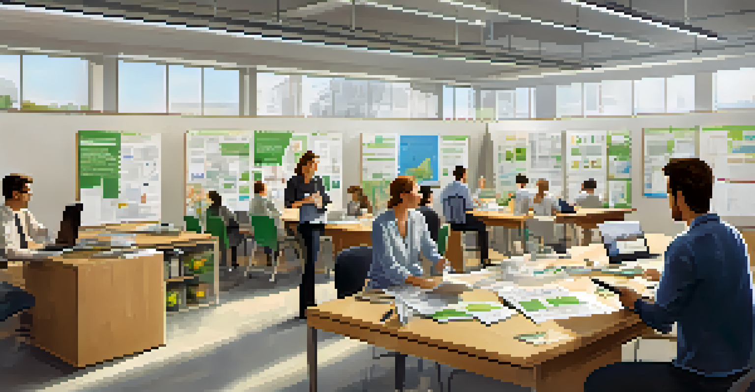 An office training session about waste minimization with employees sharing ideas around a large table.