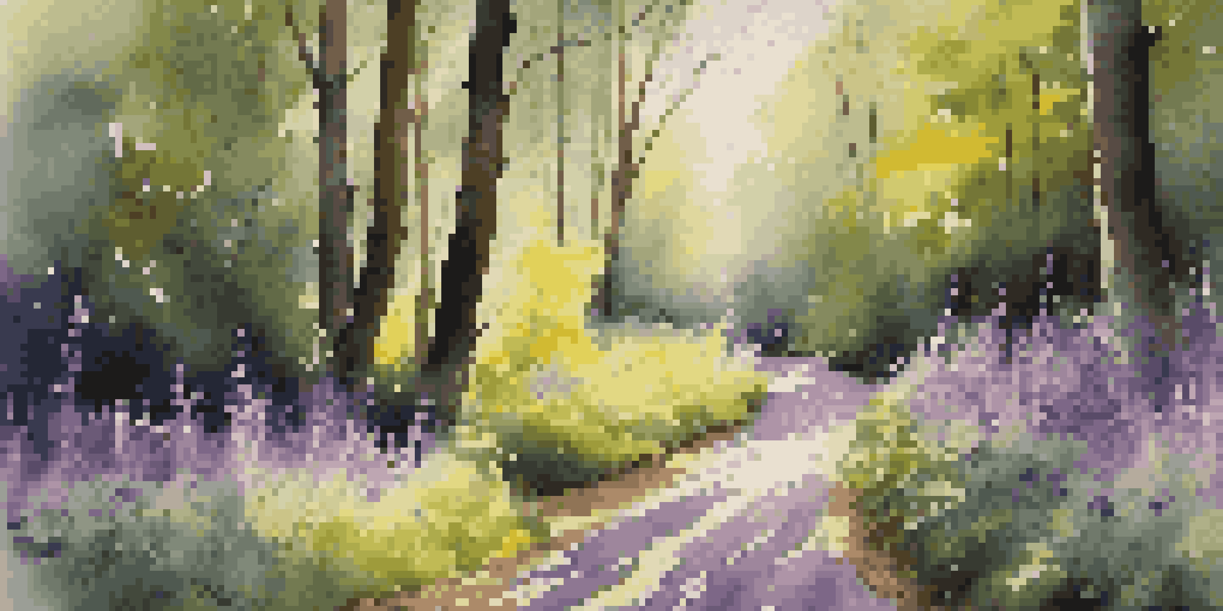 A peaceful forest scene with a winding path shaded by trees and colorful wildflowers along the sides.