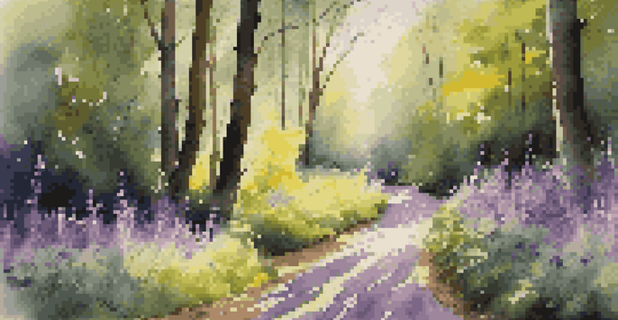 A peaceful forest scene with a winding path shaded by trees and colorful wildflowers along the sides.