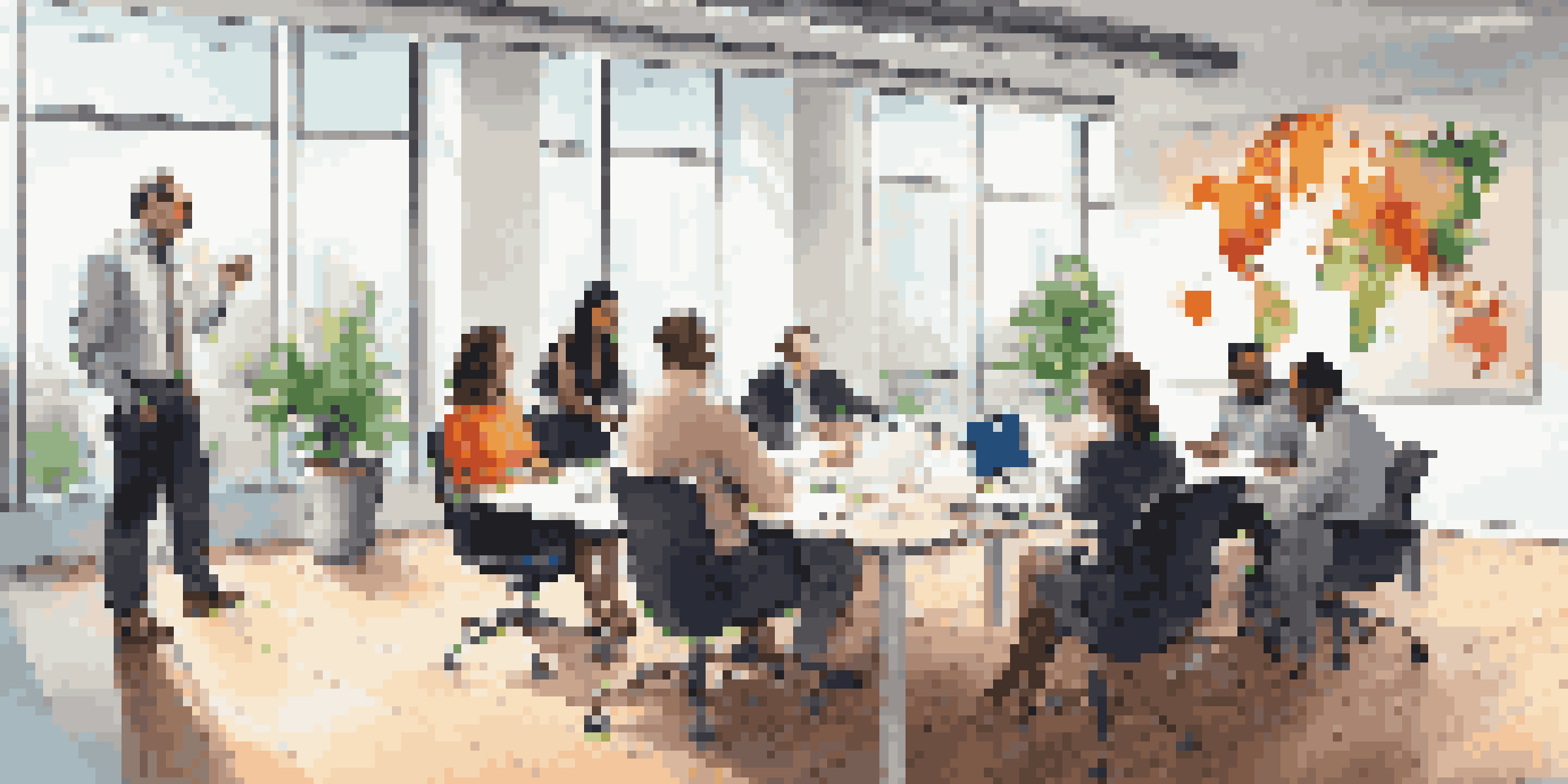A diverse group of professionals in a bright office discussing IP management tools around a conference table.
