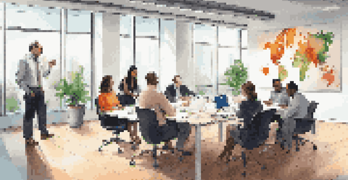 A diverse group of professionals in a bright office discussing IP management tools around a conference table.