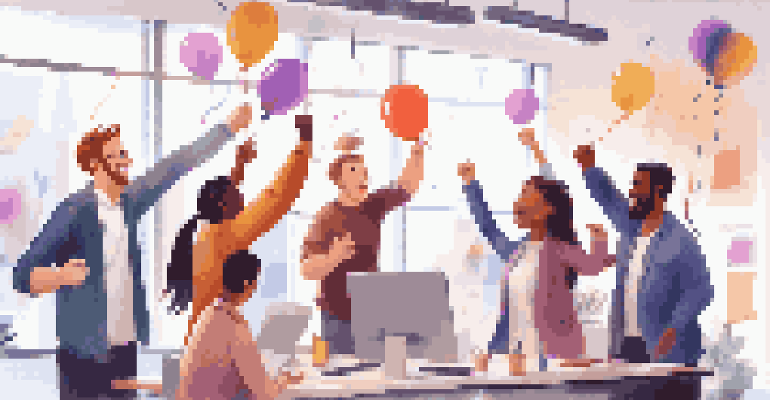 A team of professionals celebrating their success in a vibrant office environment, filled with balloons and smiles.