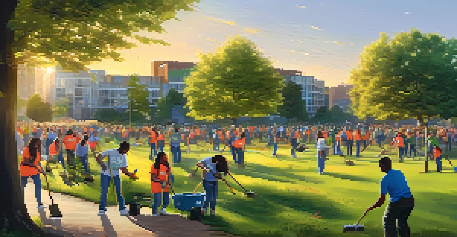 Volunteers planting trees and cleaning a park, showcasing teamwork and commitment to the environment.