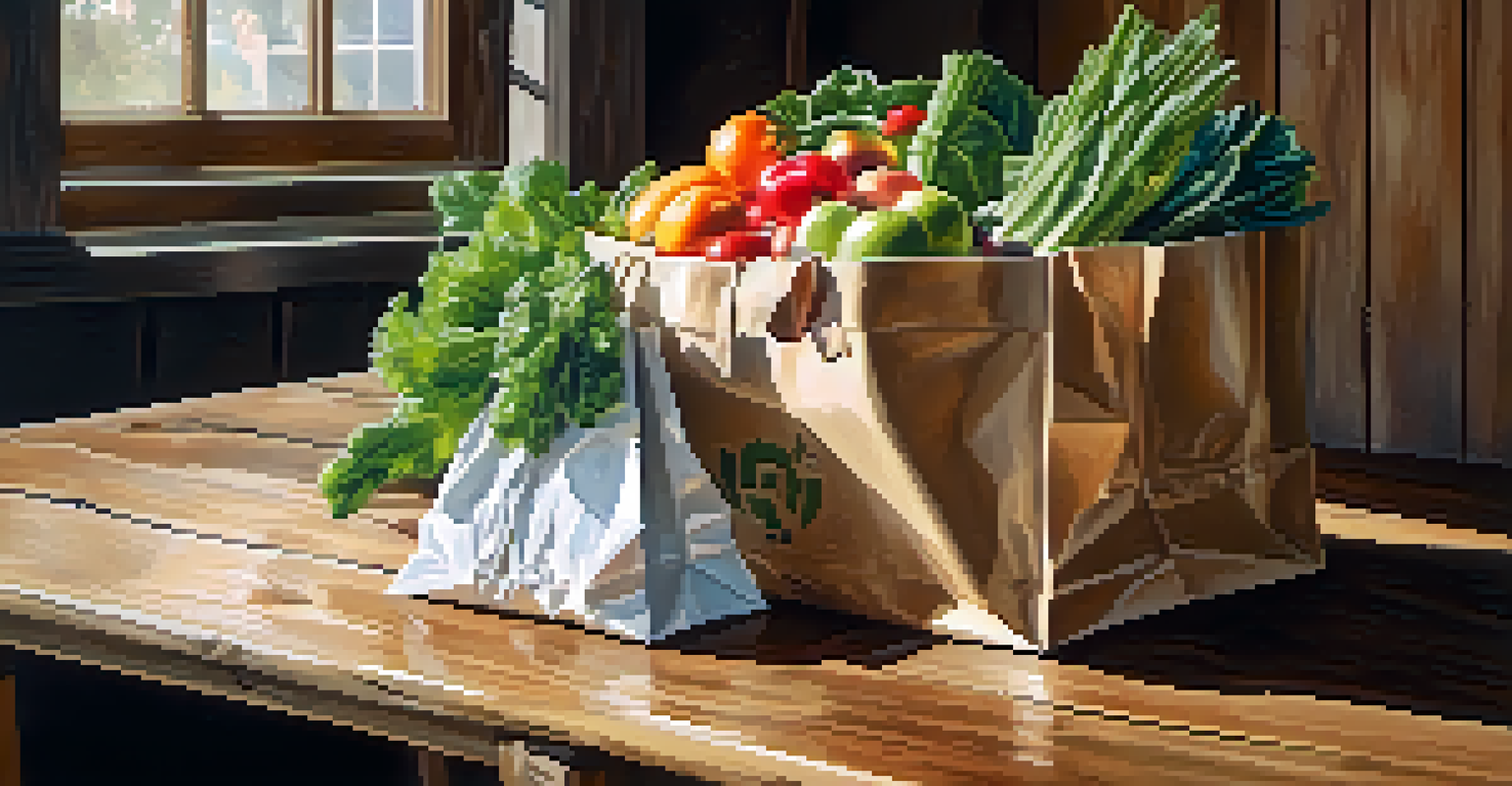 A hand holding a recycled paper bag filled with fresh organic produce on a wooden table with sunlight shining.