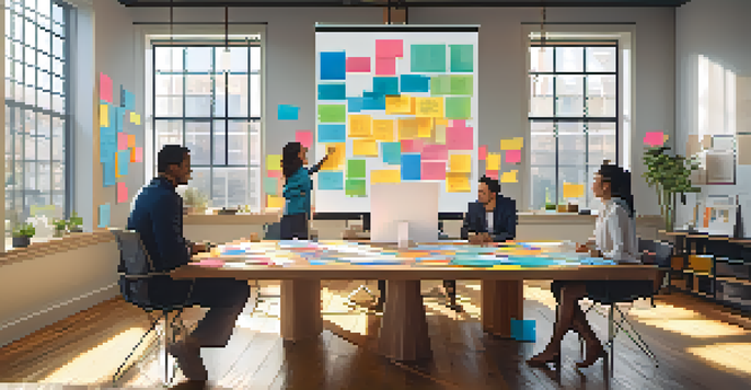 A diverse team collaborating in a bright office, brainstorming with sticky notes on a whiteboard.