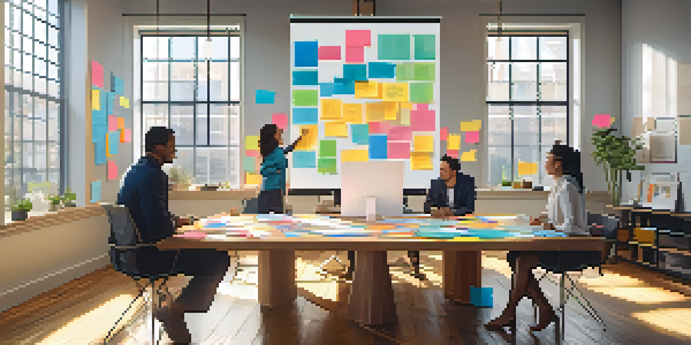 A diverse team collaborating in a bright office, brainstorming with sticky notes on a whiteboard.