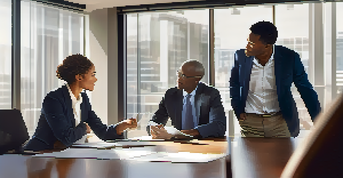 Two diverse businesspeople engaged in a negotiation in a modern conference room, showcasing active listening and open communication.