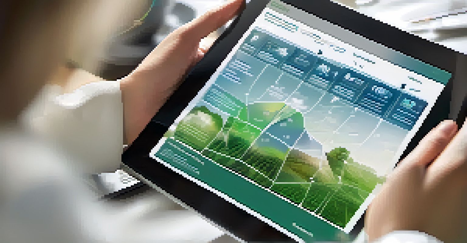 Close-up of hands sharing data on a digital tablet, with graphs related to sustainability in the background, symbolizing technology in supplier collaboration.