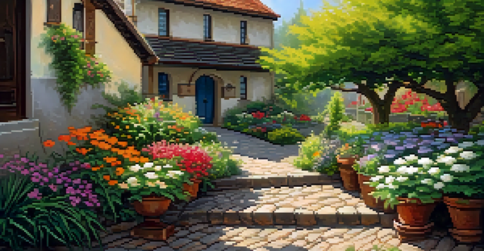 A peaceful garden with a variety of plants and flowers, sunlight filtering through leaves, and a wooden bench.