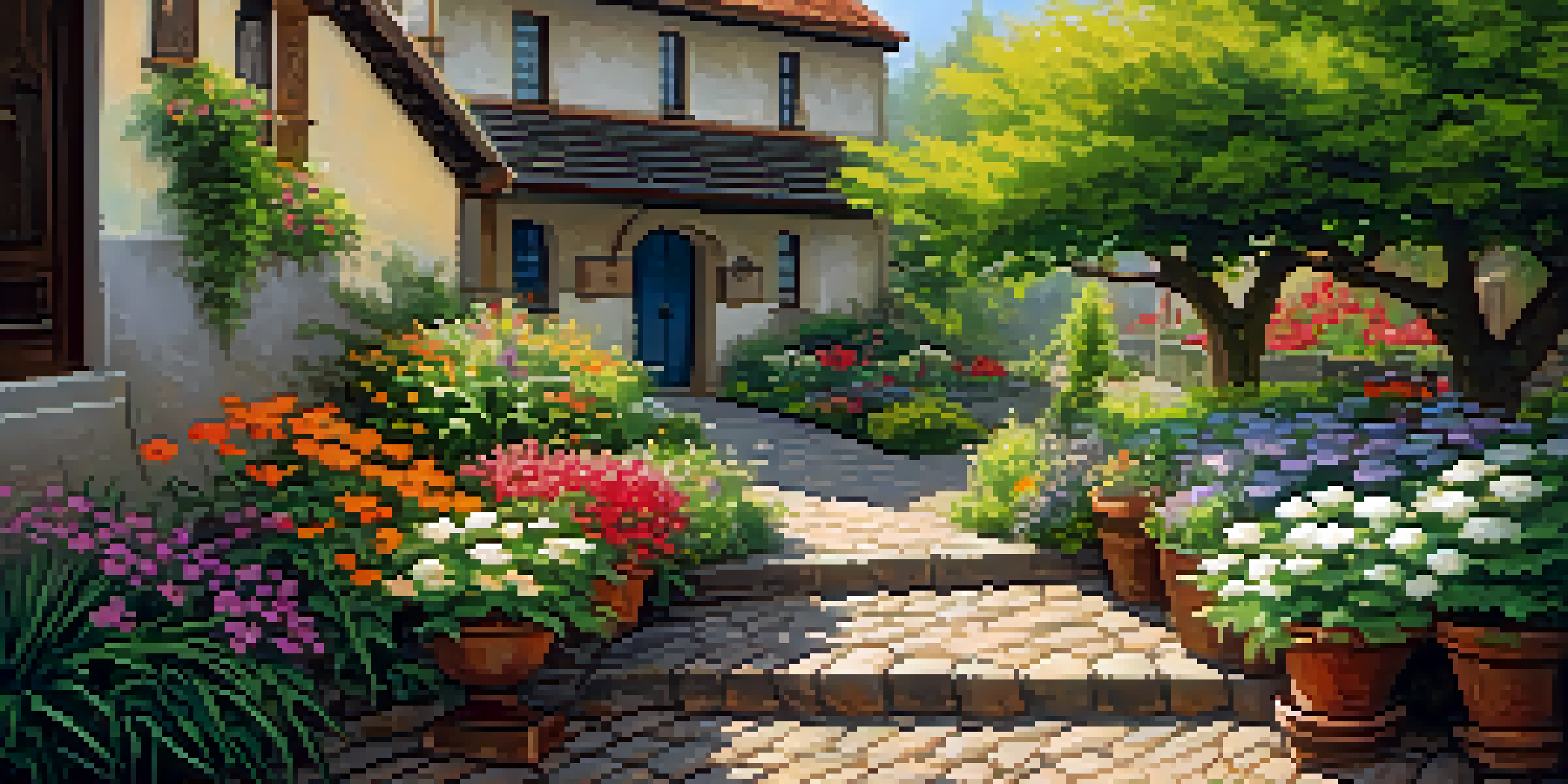A peaceful garden with a variety of plants and flowers, sunlight filtering through leaves, and a wooden bench.