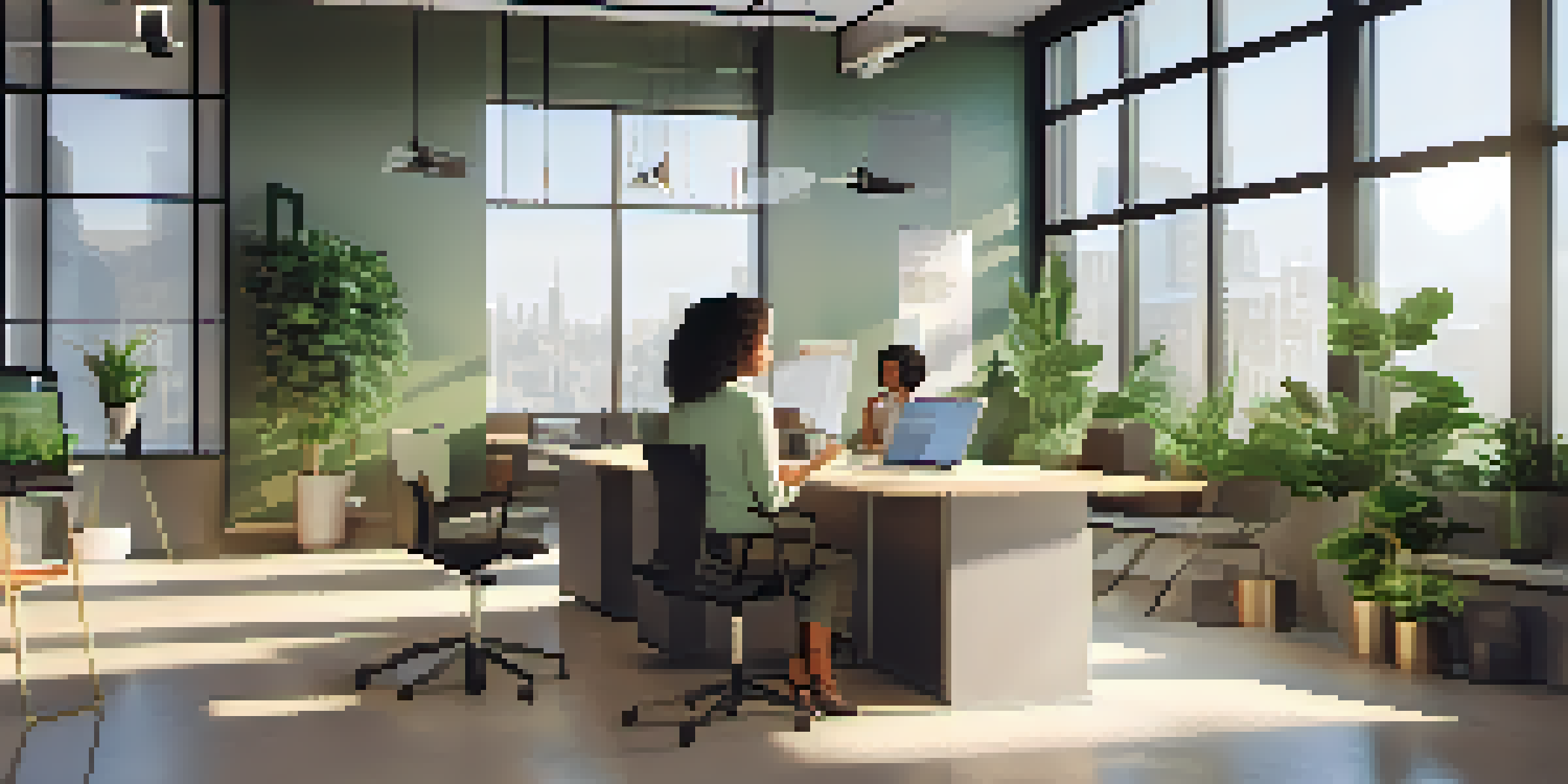 A modern office with a laptop on a desk, sunlight coming through a window, and a large screen showing a virtual team meeting.