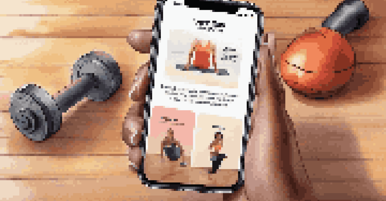 A close-up of a smartphone displaying a fitness brand's engaging social media advertisement on a wooden floor with fitness gear.