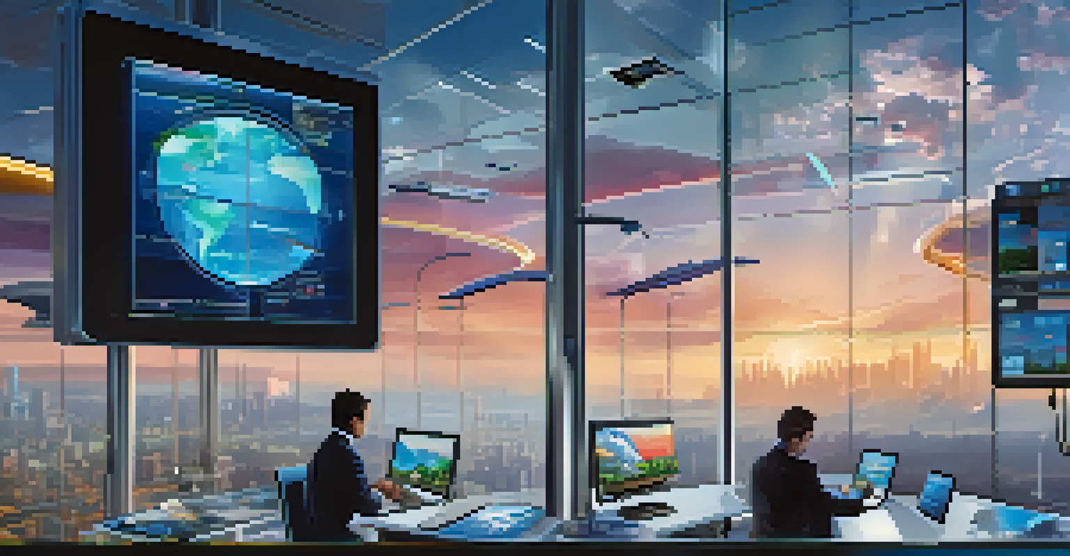 A futuristic cityscape with advanced technology for risk monitoring and people collaborating with digital devices.