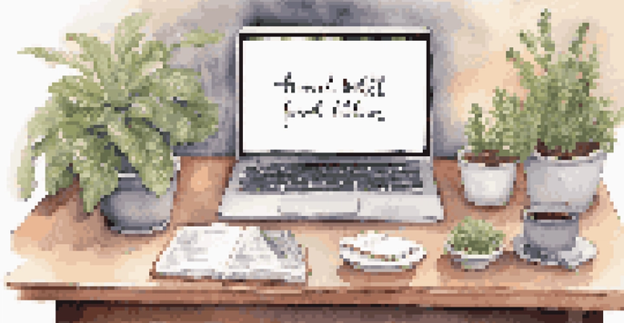 A cozy desk setup with a laptop, tea, and a plant, highlighting a focus on well-being.