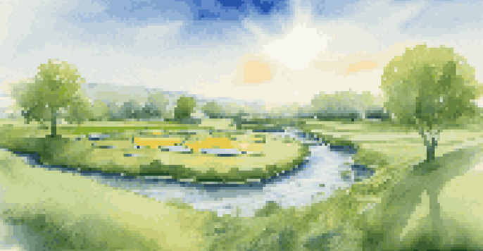 A peaceful landscape showing solar panels in a green field under a clear blue sky with a stream flowing through.