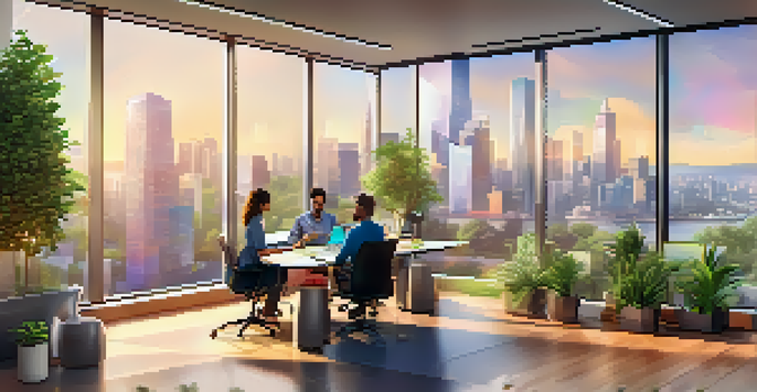 A diverse team brainstorming in a bright office with a city skyline view, surrounded by plants and modern technology.