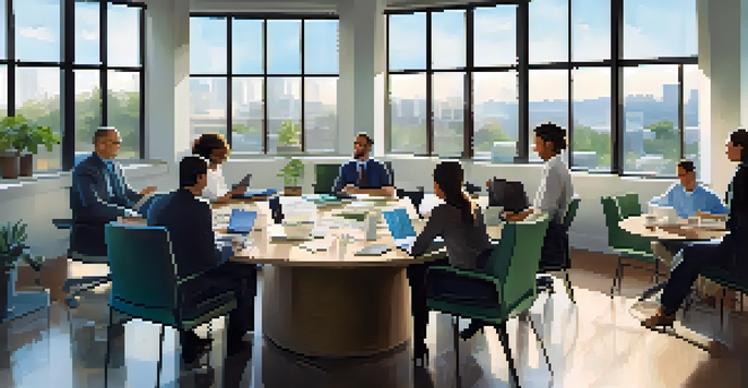 A diverse group of professionals engaged in a collaborative meeting in a bright office with natural light.