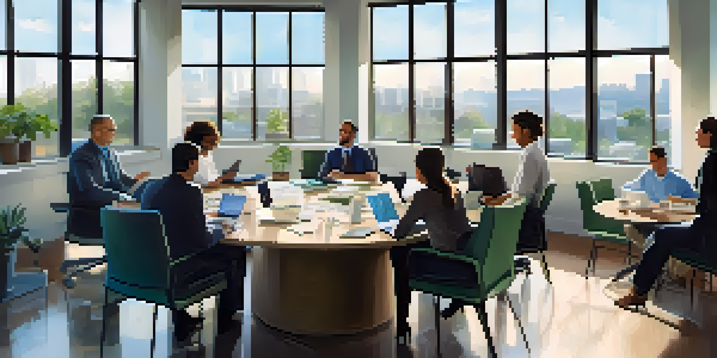 A diverse group of professionals engaged in a collaborative meeting in a bright office with natural light.