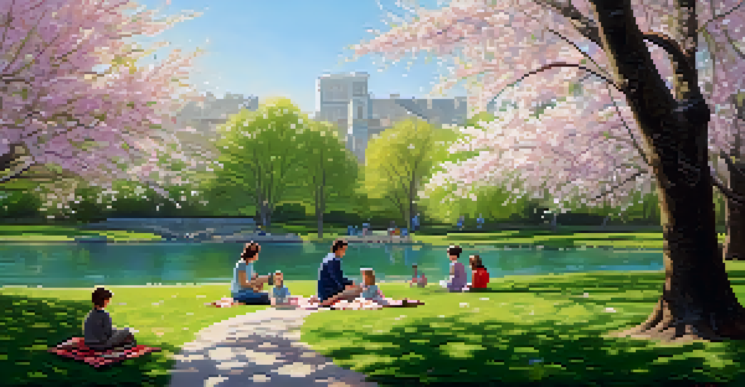 A beautiful spring park with cherry blossoms, a family picnic, and children playing.