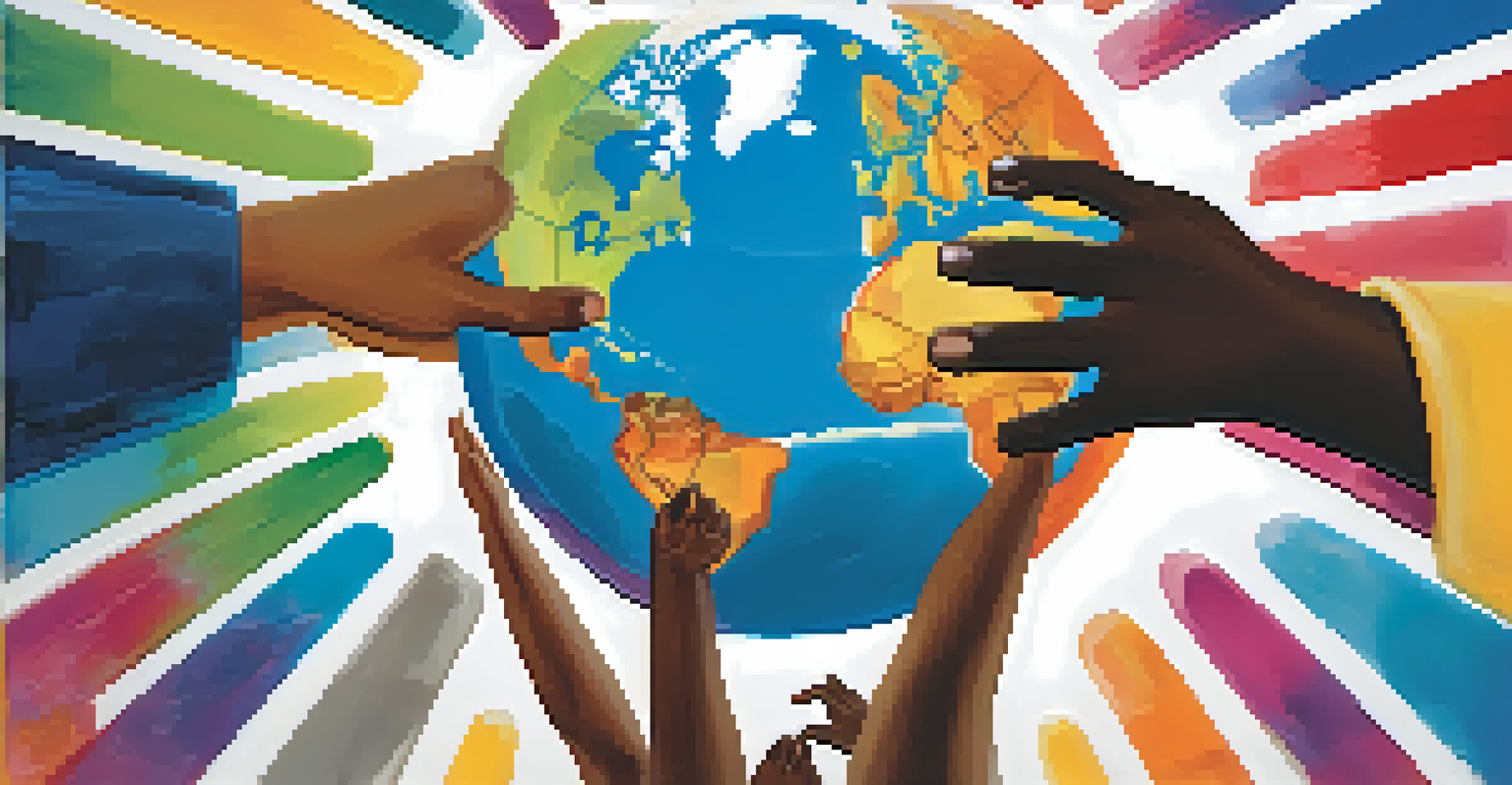Two hands reaching toward each other over a colorful globe, symbolizing cross-cultural communication with speech bubbles in different languages.