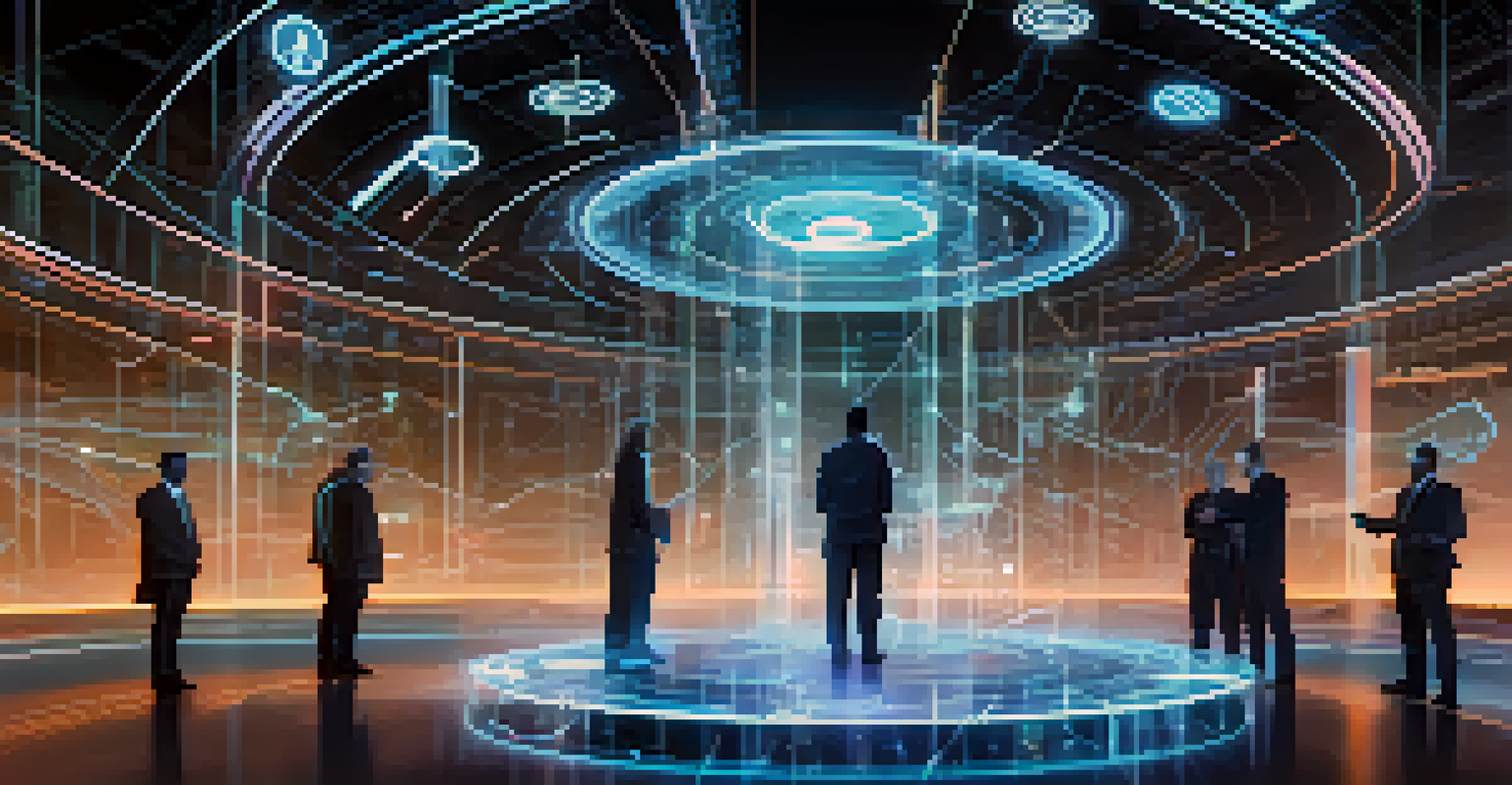 A futuristic depiction of smart contracts being executed in a digital space with holographic elements.