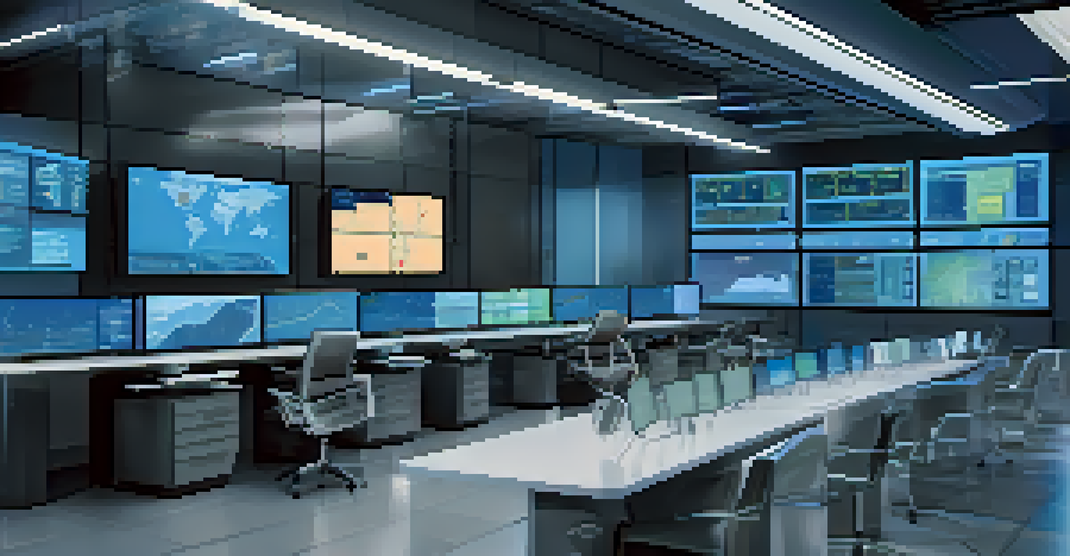 A modern control room filled with screens showing data analytics and logistics maps, with blue ambient lighting and a digital map on the wall.