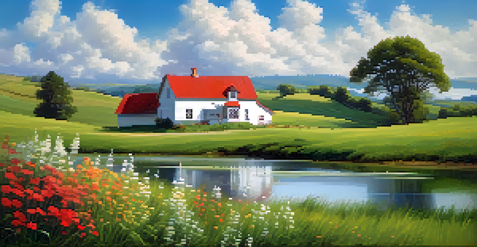 A peaceful countryside landscape featuring green hills, a farmhouse, and a pond under a clear sky.