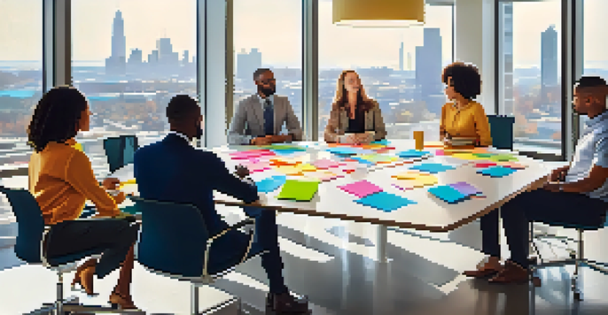 A diverse group of professionals collaborating in a bright conference room, discussing ideas around a table with colorful sticky notes.