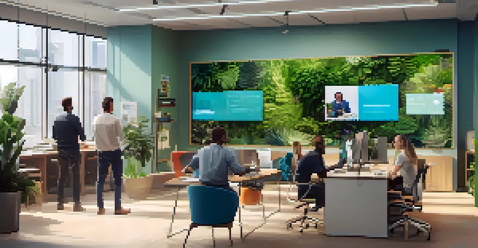 A modern office with diverse professionals in a video conference, bright natural light, and a collaborative workspace.