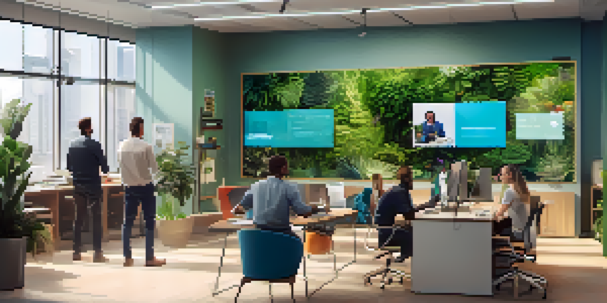 A modern office with diverse professionals in a video conference, bright natural light, and a collaborative workspace.