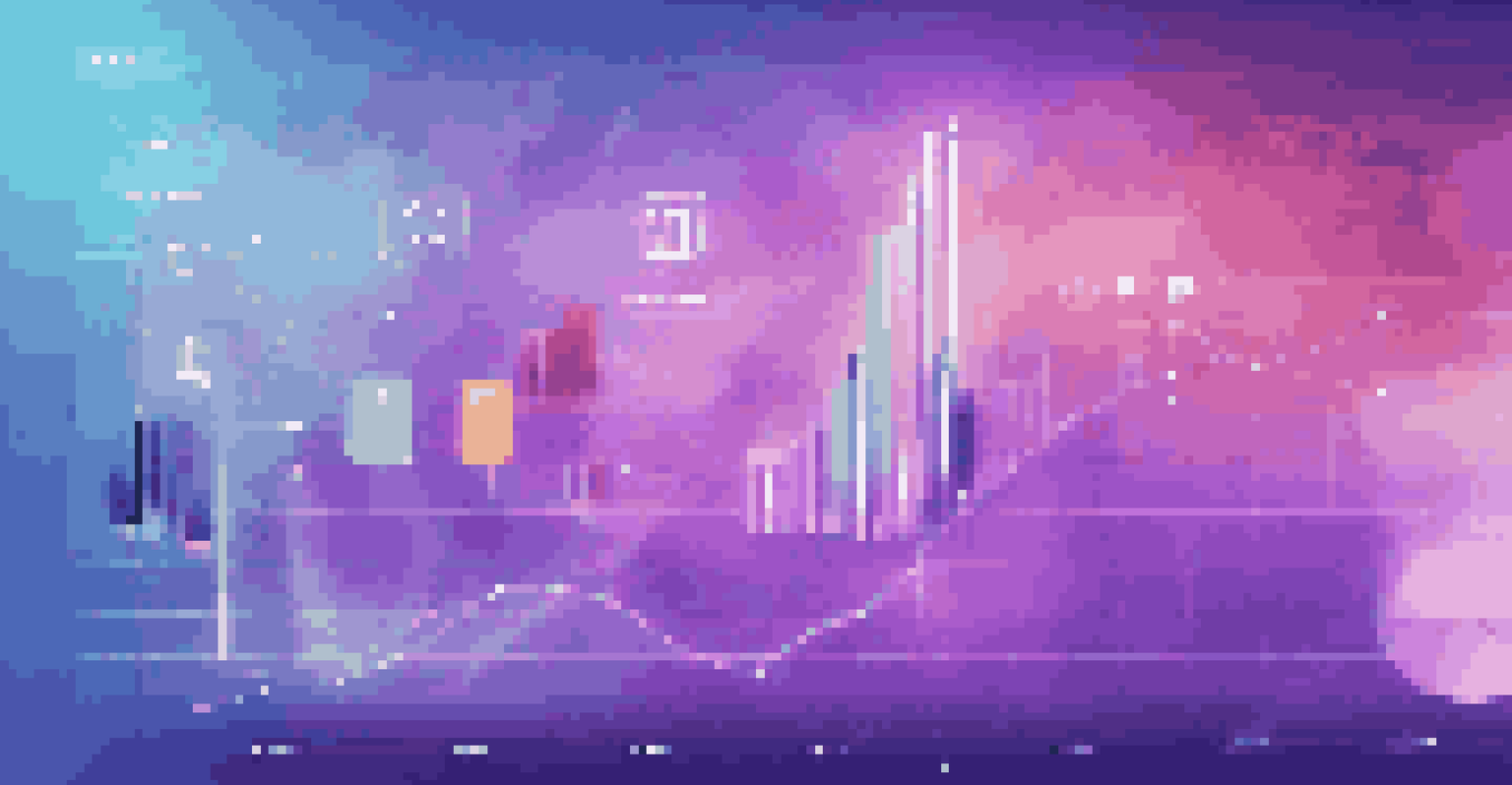 An abstract digital illustration of colorful graphs and charts representing social media metrics in a blue and purple landscape.