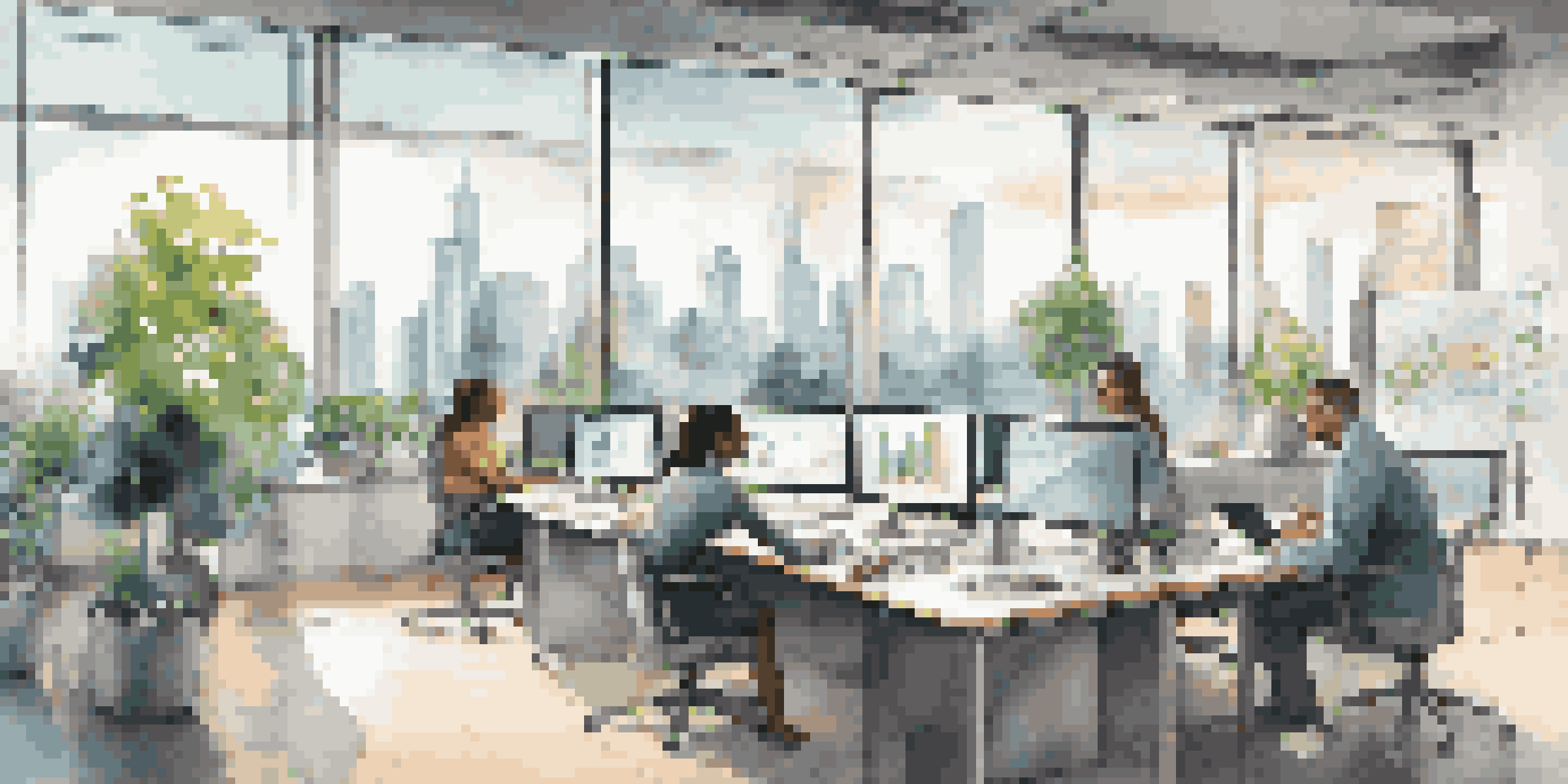 A bright modern office with diverse professionals collaborating over data analytics, featuring charts on a screen and a city view.