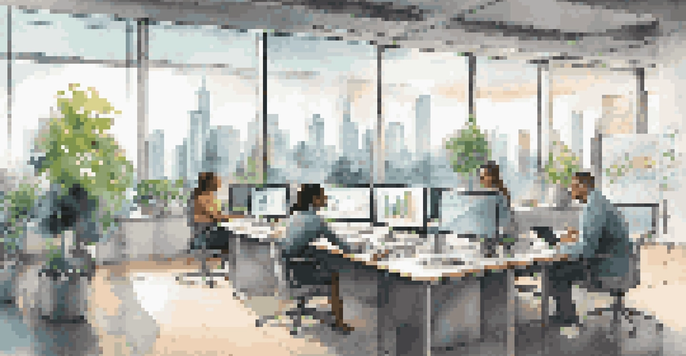 A bright modern office with diverse professionals collaborating over data analytics, featuring charts on a screen and a city view.