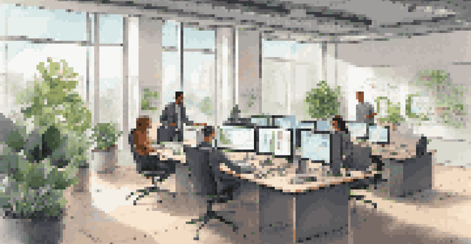 A modern office workspace with multiple screens showing data analytics and business continuity plans, featuring a diverse team collaborating around a round table.