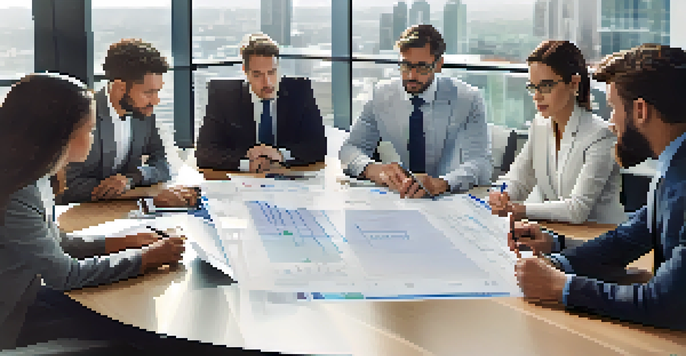 A diverse business team discussing a crisis management plan in a bright conference room, with documents and a digital screen showing metrics.