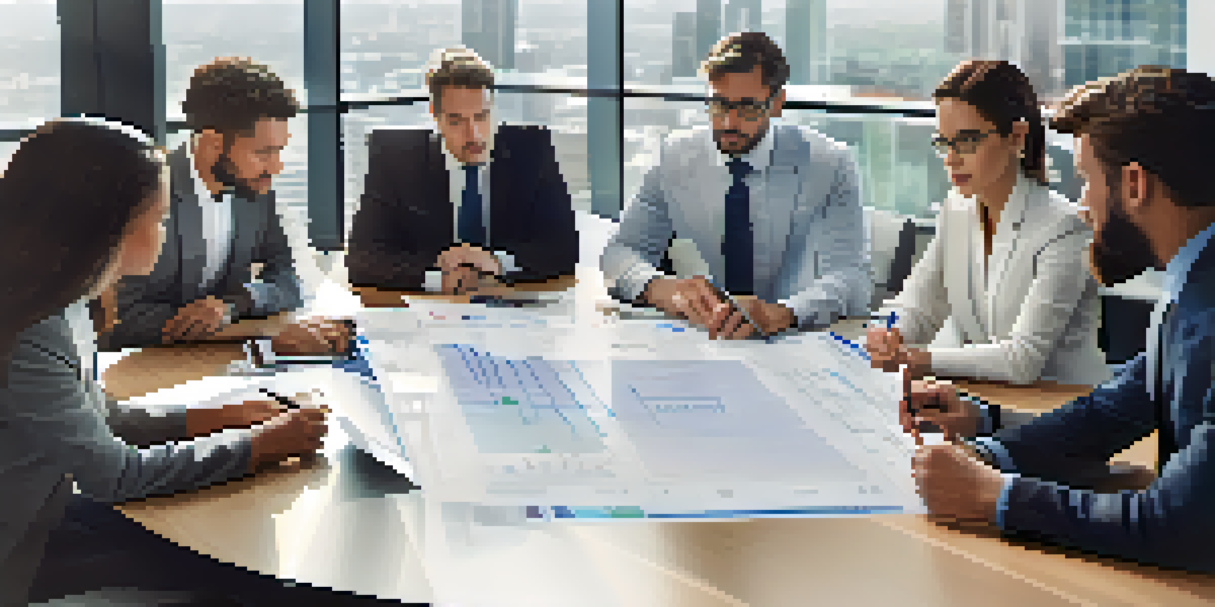 A diverse business team discussing a crisis management plan in a bright conference room, with documents and a digital screen showing metrics.